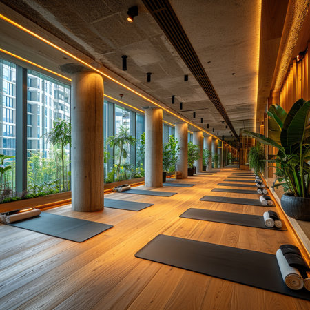 Modern yoga gym interior with unrolled yoga mats equipmentの素材