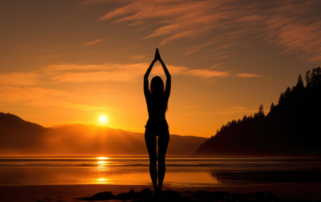 yoga enthusiast practicing poses on the beach in sunsetの素材