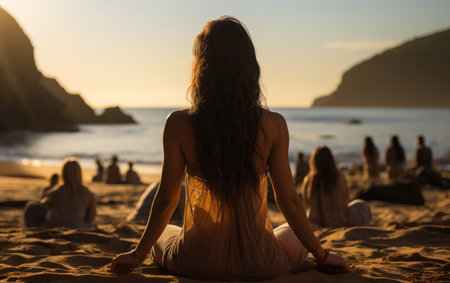 yoga enthusiast practicing poses on the beach,の素材
