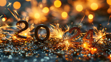 2024 bold electric fireworks font, happy new year wallpaperの素材