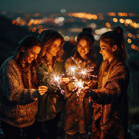 people holding fireworks at nightの素材