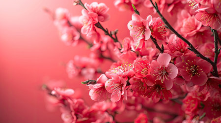 pink background Chinese Spring Festival wallpaper with real peach blossomの素材