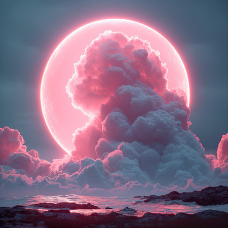 puffy light pink cloud with a circle in the sky with pink lightsの素材