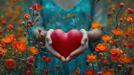 female holding 3d heart in the flowersの素材