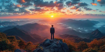 hiker on the top mountain, wallpaper of mountain at sunsetの素材