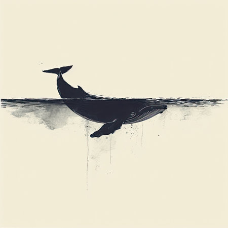 a hand-drawn illustration, a whale diving into the seaの素材