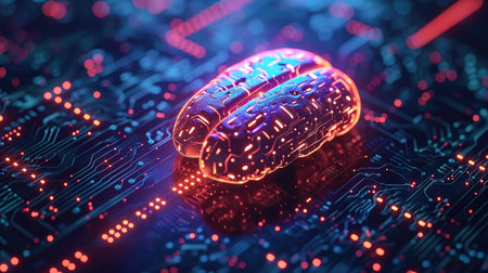 Luminous Brain Model on Circuit Board, Artificial Intelligence conceptの素材