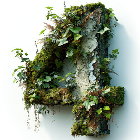 the letter 4 with summer plants and moss growing outの素材