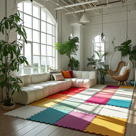 Children playground, spacious room, smooth colorful foam tiles floor matの素材