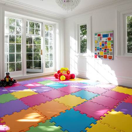 Children playground, spacious room, smooth colorful foam tiles floor matの素材