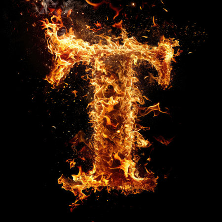Capital letter T with fire growing outの素材