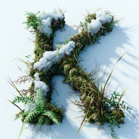 Capital letter K with grass under a sprinkling of snow, winter plants and moss growing outの素材