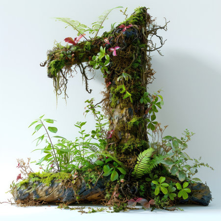 Number 1 with summer plants and moss growing outの素材