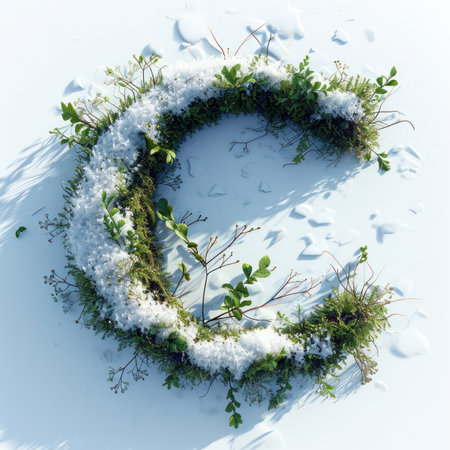 Capital letter C with grass under a sprinkling of snow, winter plants and moss growing outの素材