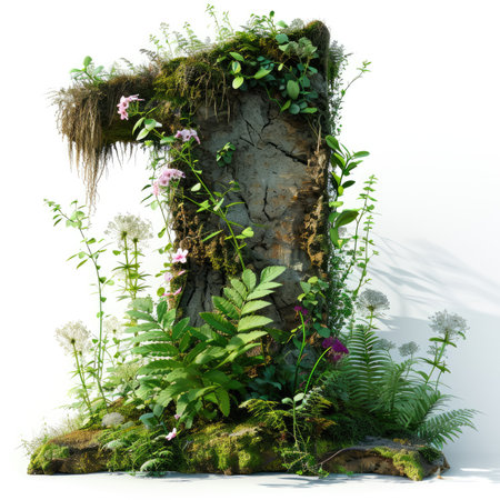 Number 1 with summer plants and moss growing outの素材
