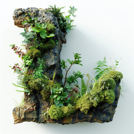 Capital letter A with summer plants and moss growing outの素材