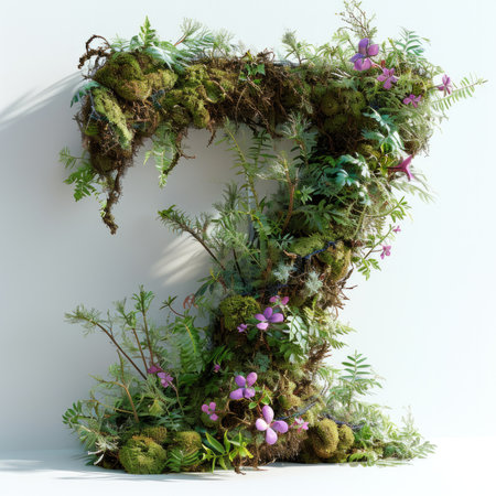 the letter 7 with summer plants and moss growing outの素材