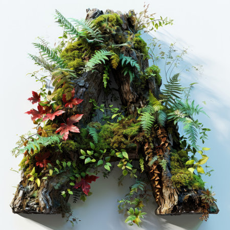 Capital letter A with summer plants and moss growing outの素材