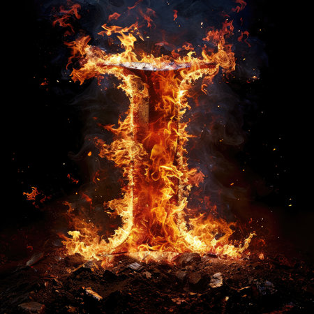 Capital letter I with fire growing outの素材