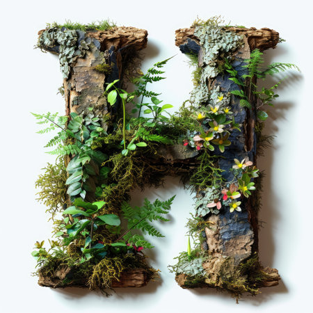 Capital letter A with summer plants and moss growing outの素材