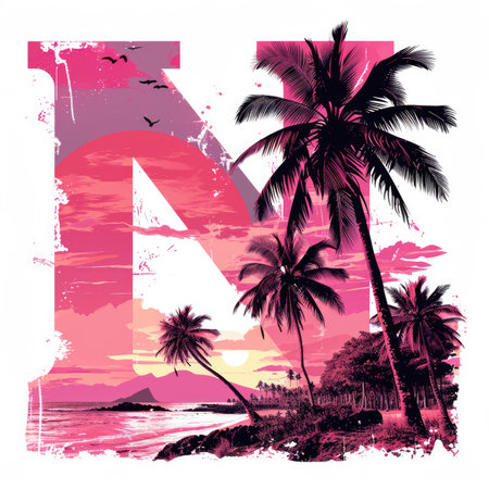 Capital letter N with Coconut trees, palm trees and beachの素材