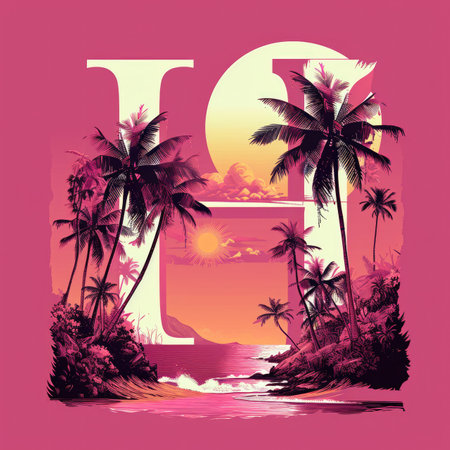 Capital letter H with Coconut trees, palm trees and beachの素材