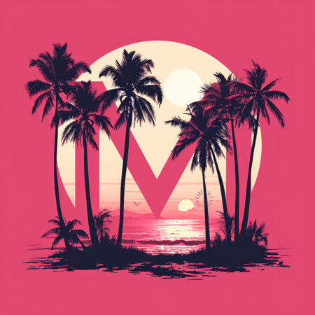 Capital letter M with Coconut trees, palm trees and beachの素材