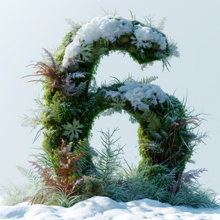 Number 6 with grass under a sprinkling of snow, winter plants and moss growing outの素材