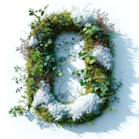 Number 0 with grass under a sprinkling of snow, winter plants and moss growing outの素材