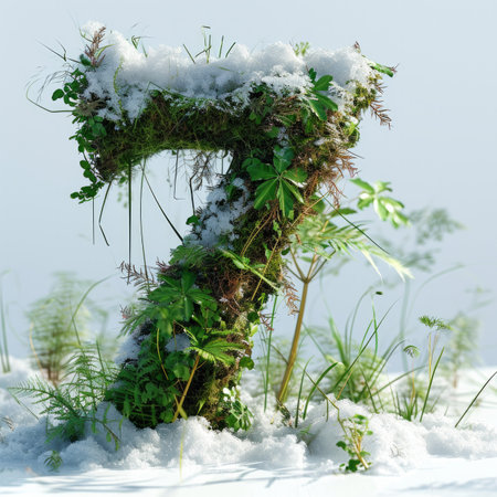 Number 7 with grass under a sprinkling of snow, winter plants and moss growing outの素材