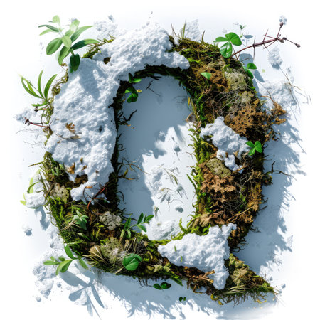 Capital letter Q with grass under a sprinkling of snow, winter plants and moss growing outの素材