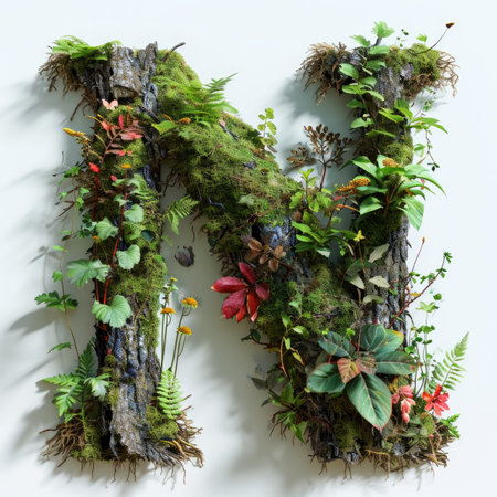 Capital letter A with summer plants and moss growing outの素材