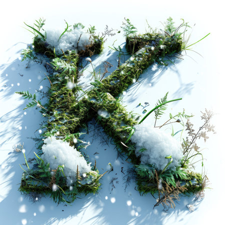 Capital letter K with grass under a sprinkling of snow, winter plants and moss growing outの素材
