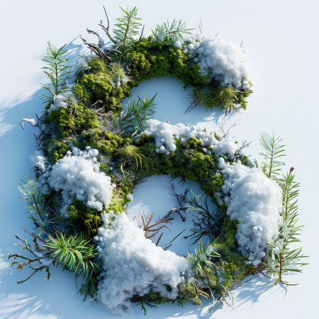 Number 6 with grass under a sprinkling of snow, winter plants and moss growing outの素材