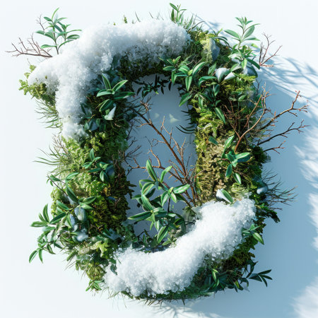 Number 0 with grass under a sprinkling of snow, winter plants and moss growing outの素材