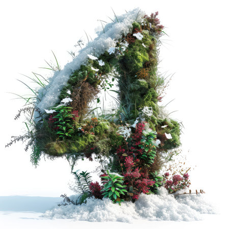 Number 4 with grass under a sprinkling of snow, winter plants and moss growing outの素材