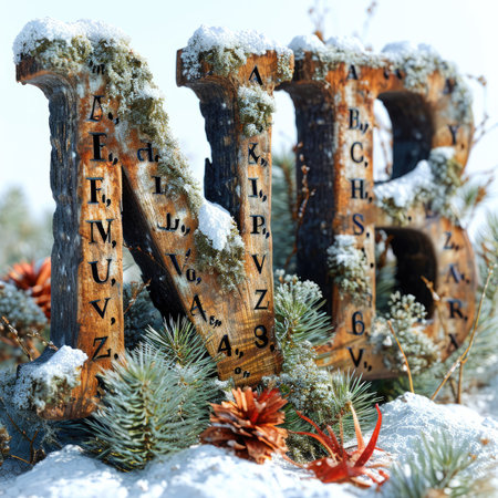 Capital letter NB with grass under a sprinkling of snow, winter plants and moss growing outの素材