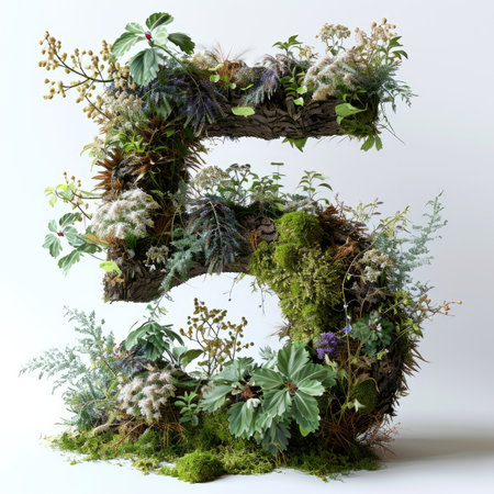 the letter 5 with summer plants and moss growing outの素材