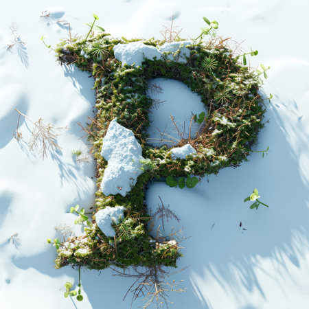 Capital letter P with grass under a sprinkling of snow, winter plants and moss growing outの素材