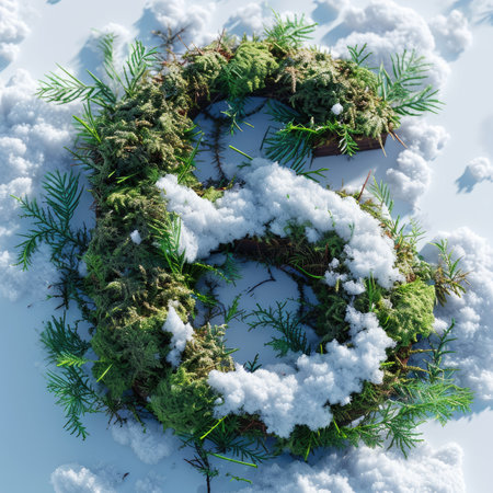 Number 6 with grass under a sprinkling of snow, winter plants and moss growing outの素材