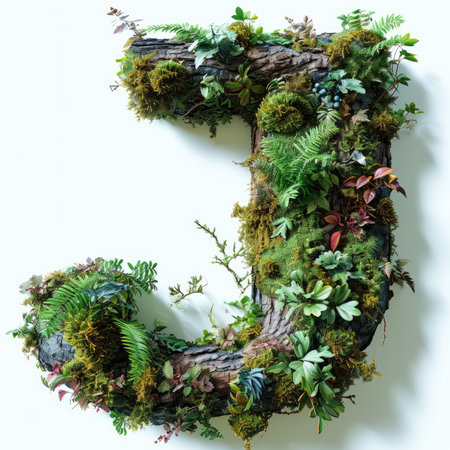 Capital letter A with summer plants and moss growing outの素材