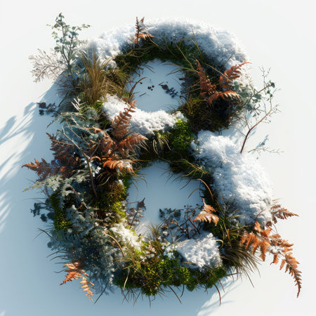 Number 8 with grass under a sprinkling of snow, winter plants and moss growing outの素材