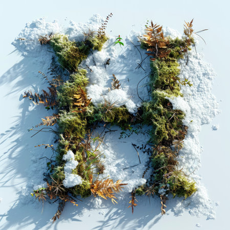 Capital letter H with grass under a sprinkling of snow, winter plants and moss growing outの素材