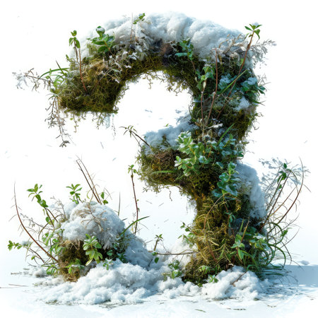Number 3 with grass under a sprinkling of snow, winter plants and moss growing outの素材