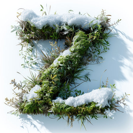 Capital letter Z with grass under a sprinkling of snow, winter plants and moss growing outの素材