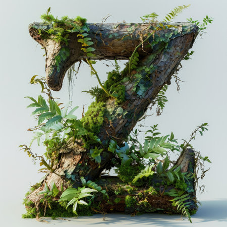 Capital letter A with summer plants and moss growing outの素材