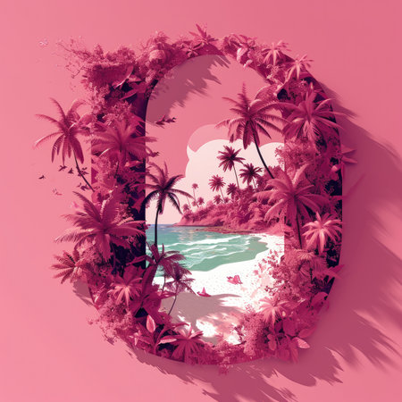 Number 0 with coconut trees, palm trees and beachの素材