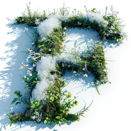 Capital letter F with grass under a sprinkling of snow, winter plants and moss growing outの素材
