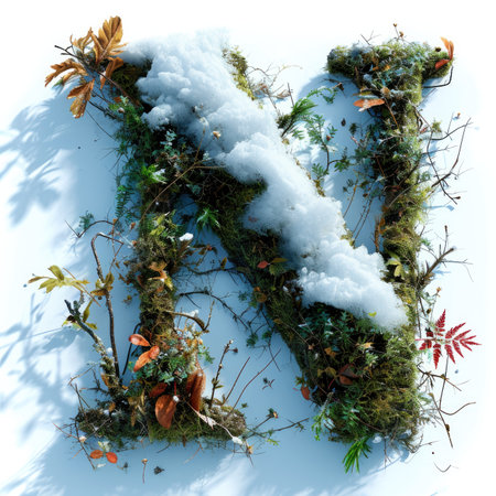 Capital letter N with grass under a sprinkling of snow, winter plants and moss growing outの素材