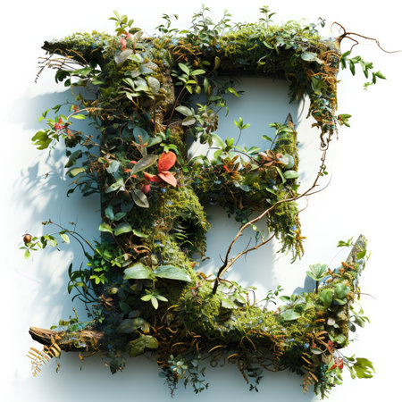 Capital letter A with summer plants and moss growing outの素材